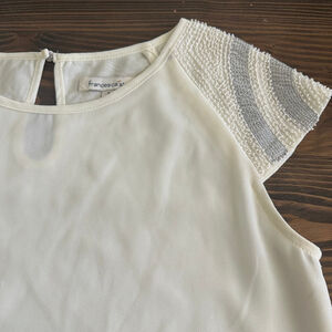 Women's Francesca's Ivory Blouse with Silver Beaded Sleeves, Size S